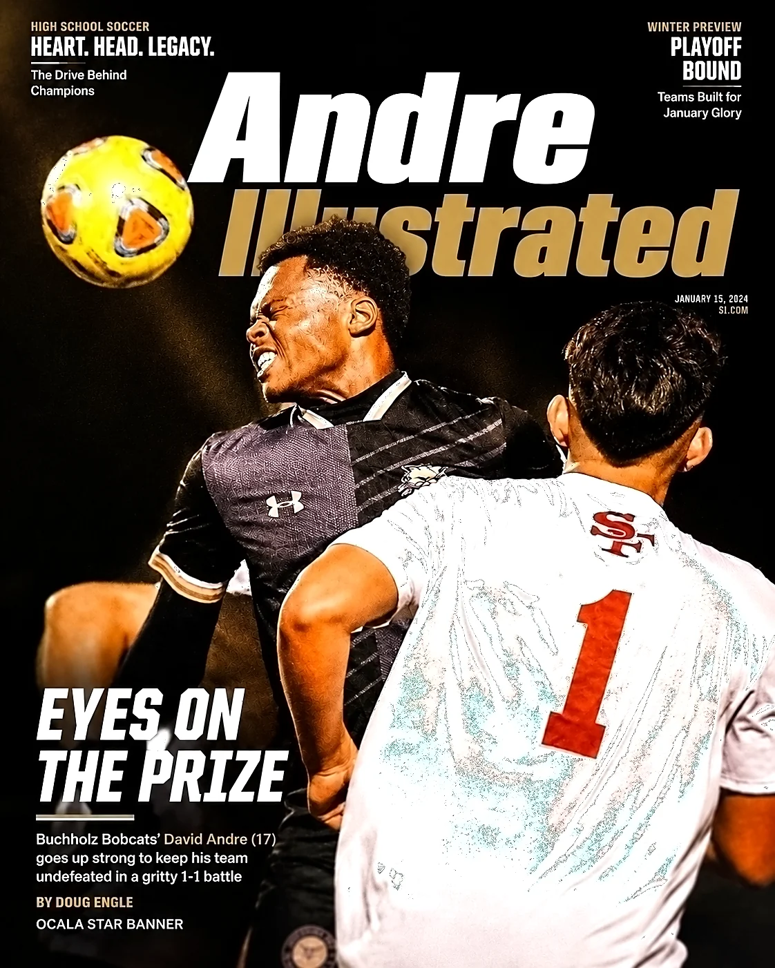David Andre on an editorial magazine cover, heading the ball in a clutch moment