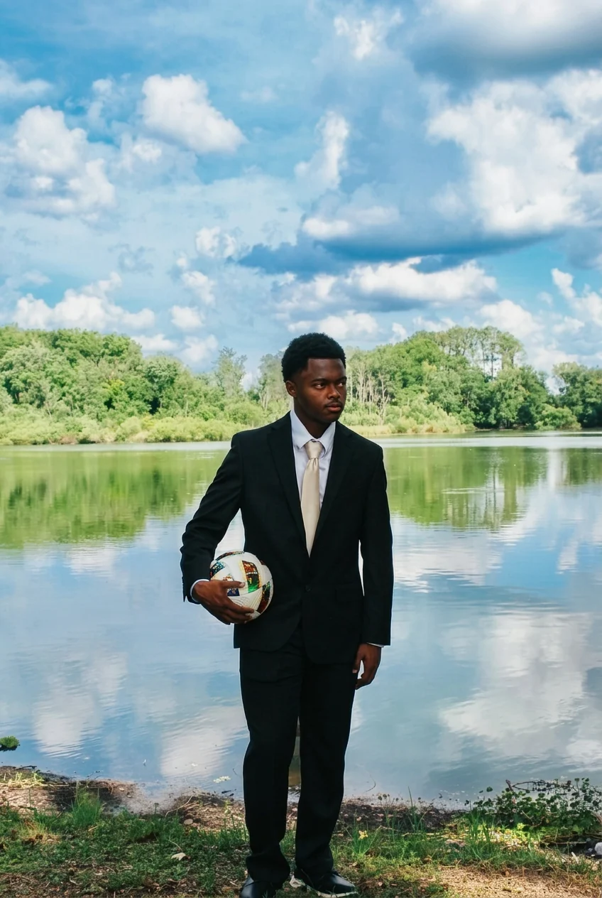 Lakeside portrait of David Andre with a soccer ball