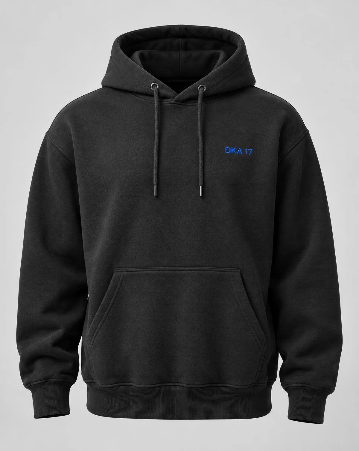 DKA heavyweight hoodie in washed black with embroidered DKA 17 mark