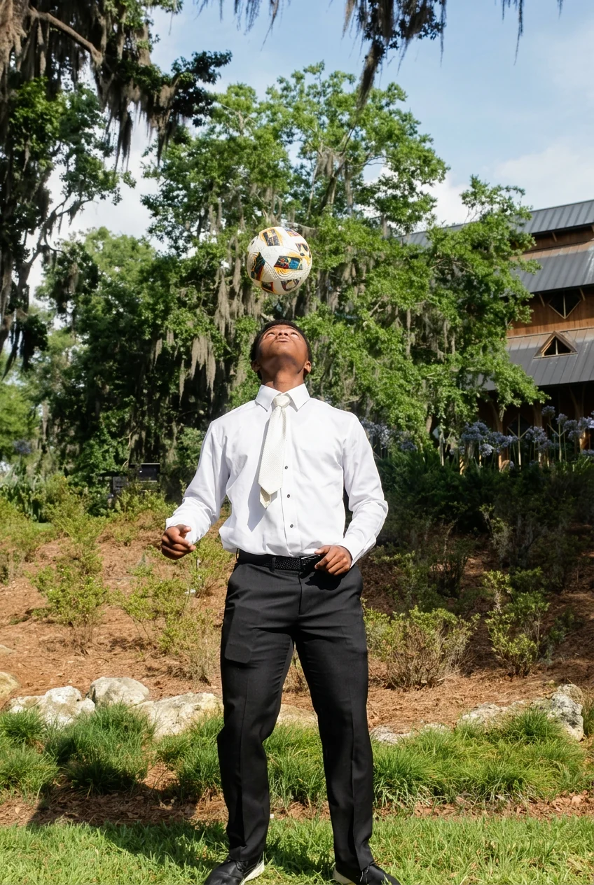 David Andre controlling a match ball on his head outdoors
