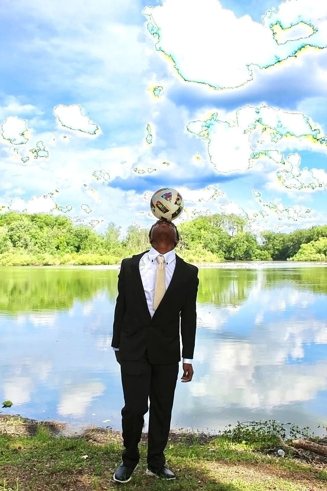 David Andre balancing a ball by the lake